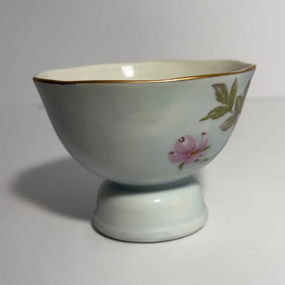 Vintage Lefton China Musical Teacup Pink Floral Gold Trim Footed Porcelain Japan